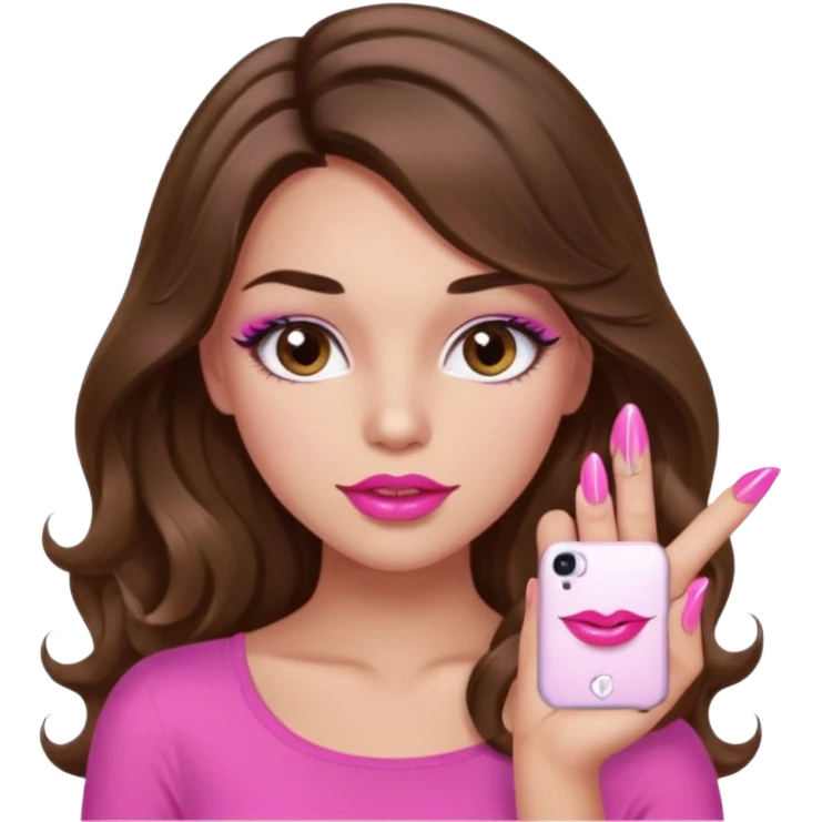 girl with long wavy brown hair, brown eyes, light to medium complexion, in a pink sexy top, pink puckered lips, long lashes, showing a manicure emoji