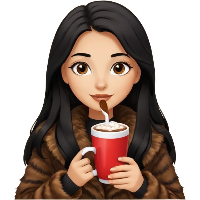 Tanned Girl with lashes , bright black long hair, in an extremely big fluffy brown fur mustang, and drinking hot chocolate drink emoji