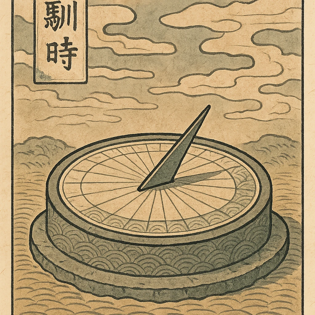 ukiyo-e inspired illustration of a tranquil sundial, symbolizing tame time emoji
