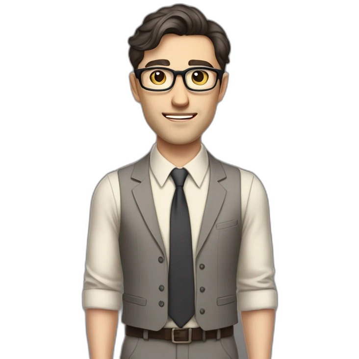 Full height Pale skinned Fit Man With dark brown hair in classic gray suit, beige office shirt, dark gray tie, and vintage glasses. Thrumbs of his palms directed up emoji