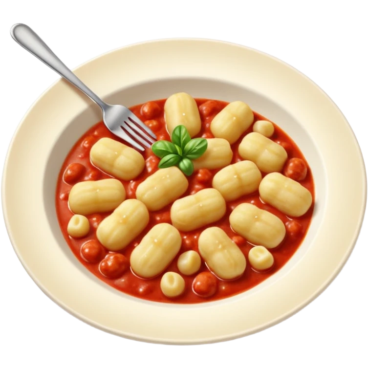Gnocchi Cinematic Realistic Gnocchi Dish Emoji, depicted as tender oblong potato gnocchi garnished with iconic fork marks on top, rendered with soft textures and warm, inviting lighting. add red sauce emoji