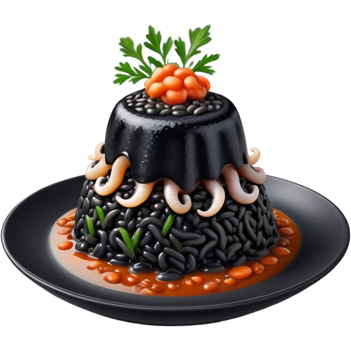Cinematic Realistic Black Risotto Dish Emoji, showcasing a rich squid ink-infused risotto rendered with bold textures and dynamic, dramatic lighting. emoji