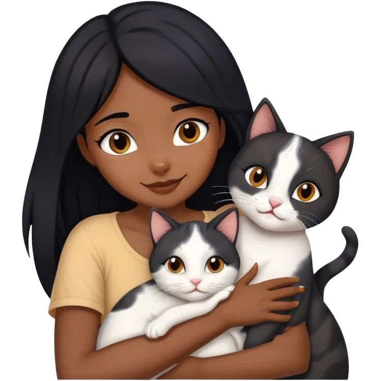 happy black haired girl hugging three cats  (carey cat, gray cat, white brown cat) emoji