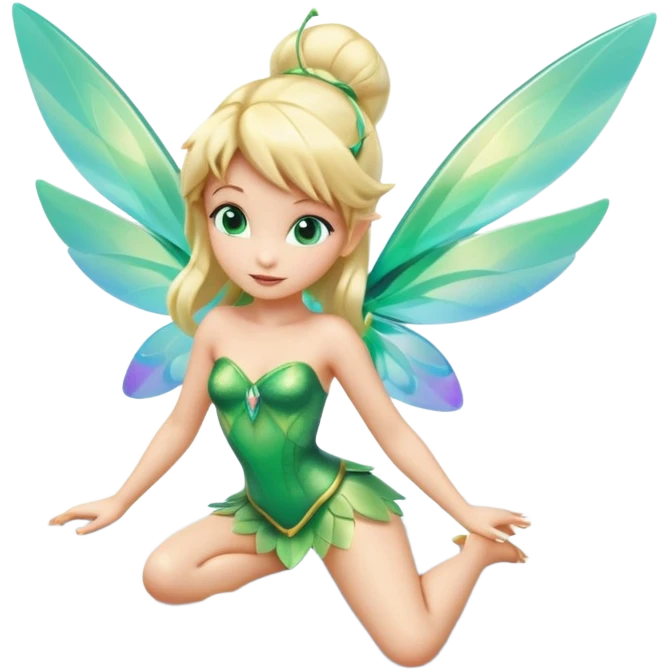 Isolated, 3D rendering, Tinkerbell wuth futuristic ultra detailed iridescent wings, flying above the clouds, blonde beautiful hair,  emerald green eyes, still life, vivid colors emoji