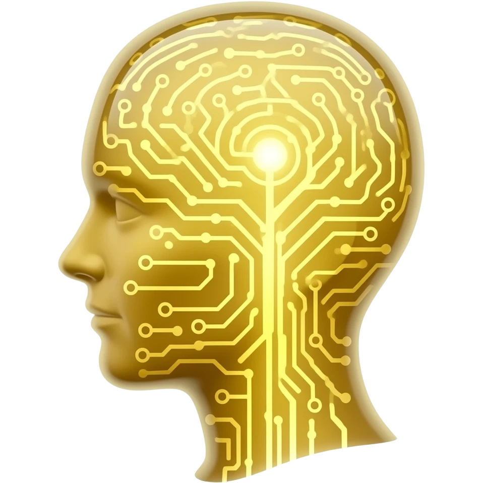 glowing gold human head silhouette with a transparent effect,-filled-with-interconnected-circuit-lines-and-neural-nodes,-symbolizing-artificial-intelligence emoji