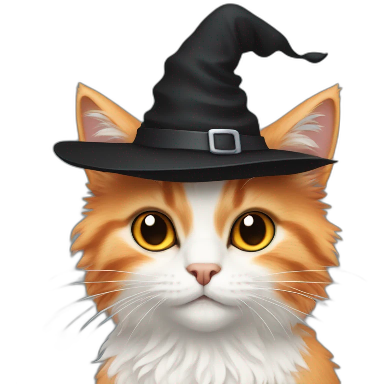 White-orange fluffy cat with black cone witch hat emoji