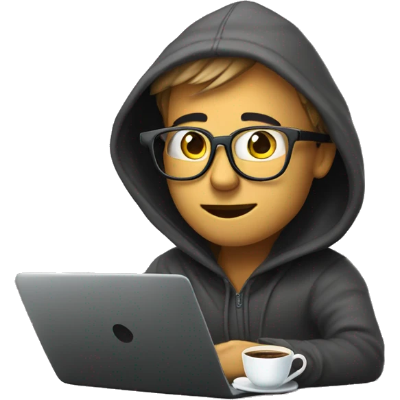 geek with spectacles and hoodie sitting infront of laptop with cup of coffee emoji