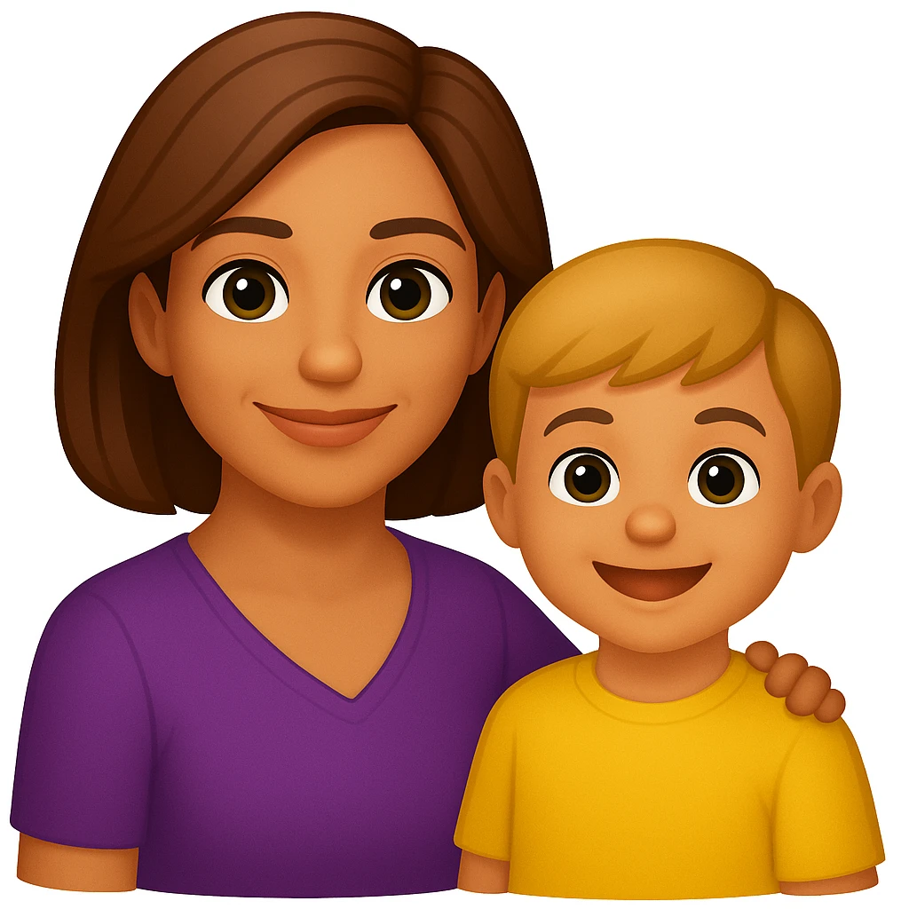 Create an image of a confident mom with a child by her side in the style of apple emojis. The style is emoji, which does not support text editing, so use the general style editor to replicate the emoji look. emoji
