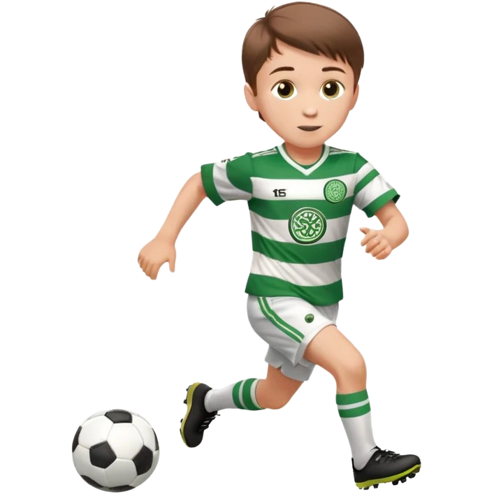 Celtic footballer jersey logo  6 years old brown hair white boy , brown eyes , stripes uniform , RUNNING  with soccer ball # 17 celtic football logo PUT ONLY ONE LOGO ONE CELTIC LOGO ONLY white shorts emoji