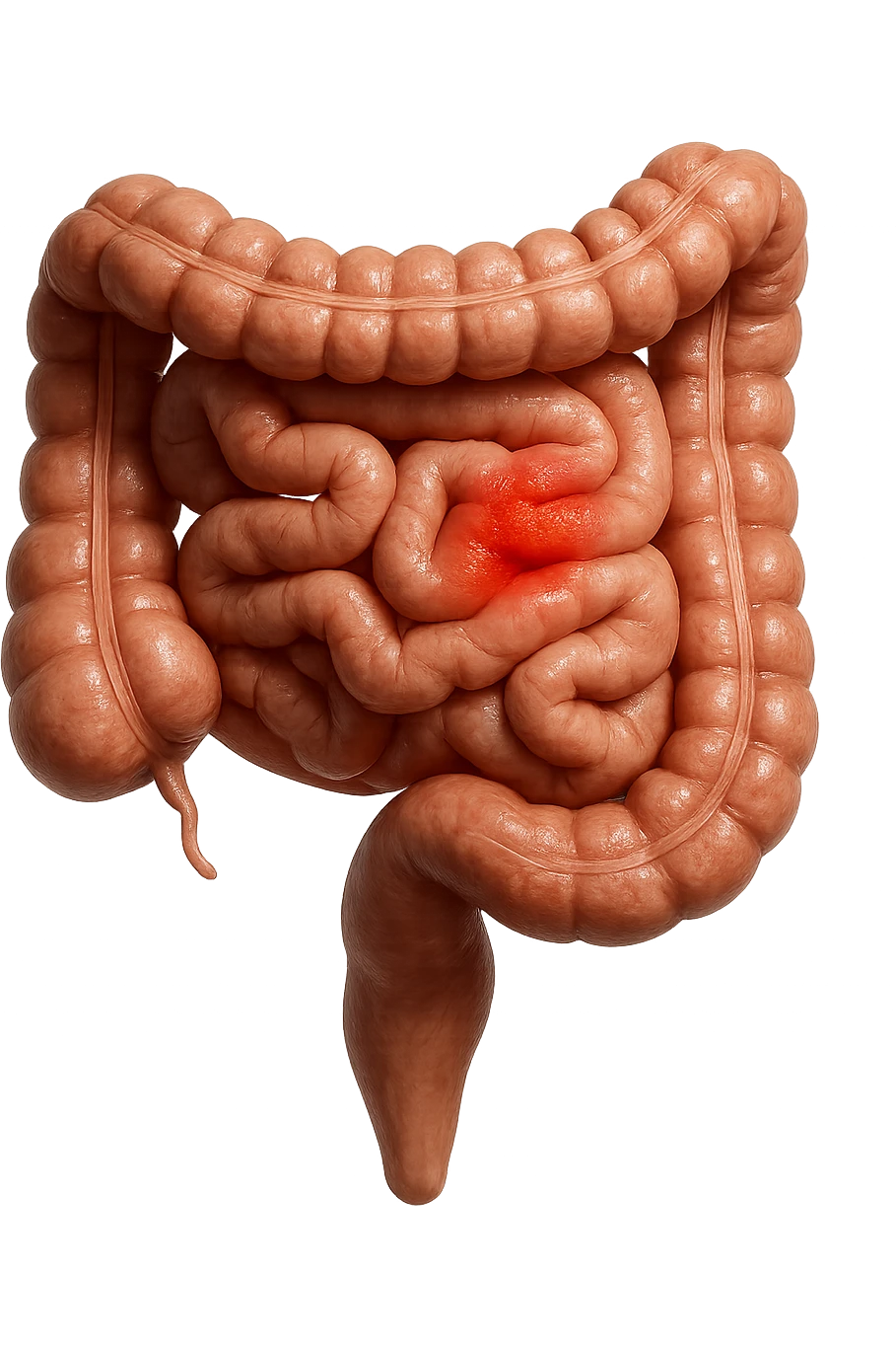 intestino anatomico realistico con red spot di infiammazione, IPERREALISTICO 4K emoji