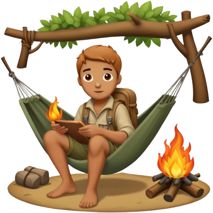 bushcraft adventure camp with campfire and hammock emoji