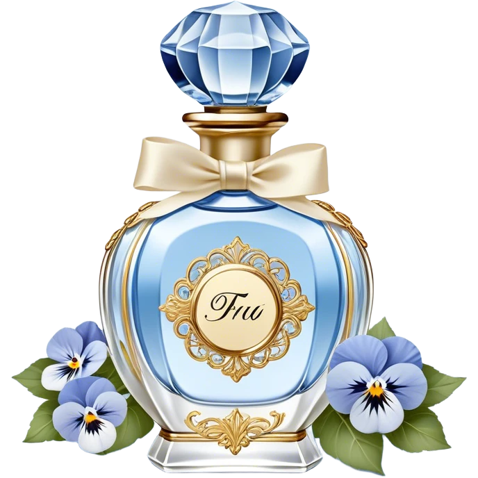 gainst a powdery blue silk backdrop, a vintage crystal perfume bottle with delicate gold filigree detailing catches the soft glow of the morning light. A silken ivory ribbon, loosely tied around its slender neck, cascades onto the fabric, creating soft folds. Scattered around the bottle, pale blue and creamy white pansies rest gently, their petals carrying hints of pearl-like shimmer. A few stray petals, kissed by the golden light, add a touch of delicate imperfection, evoking a sense of quiet romance. emoji