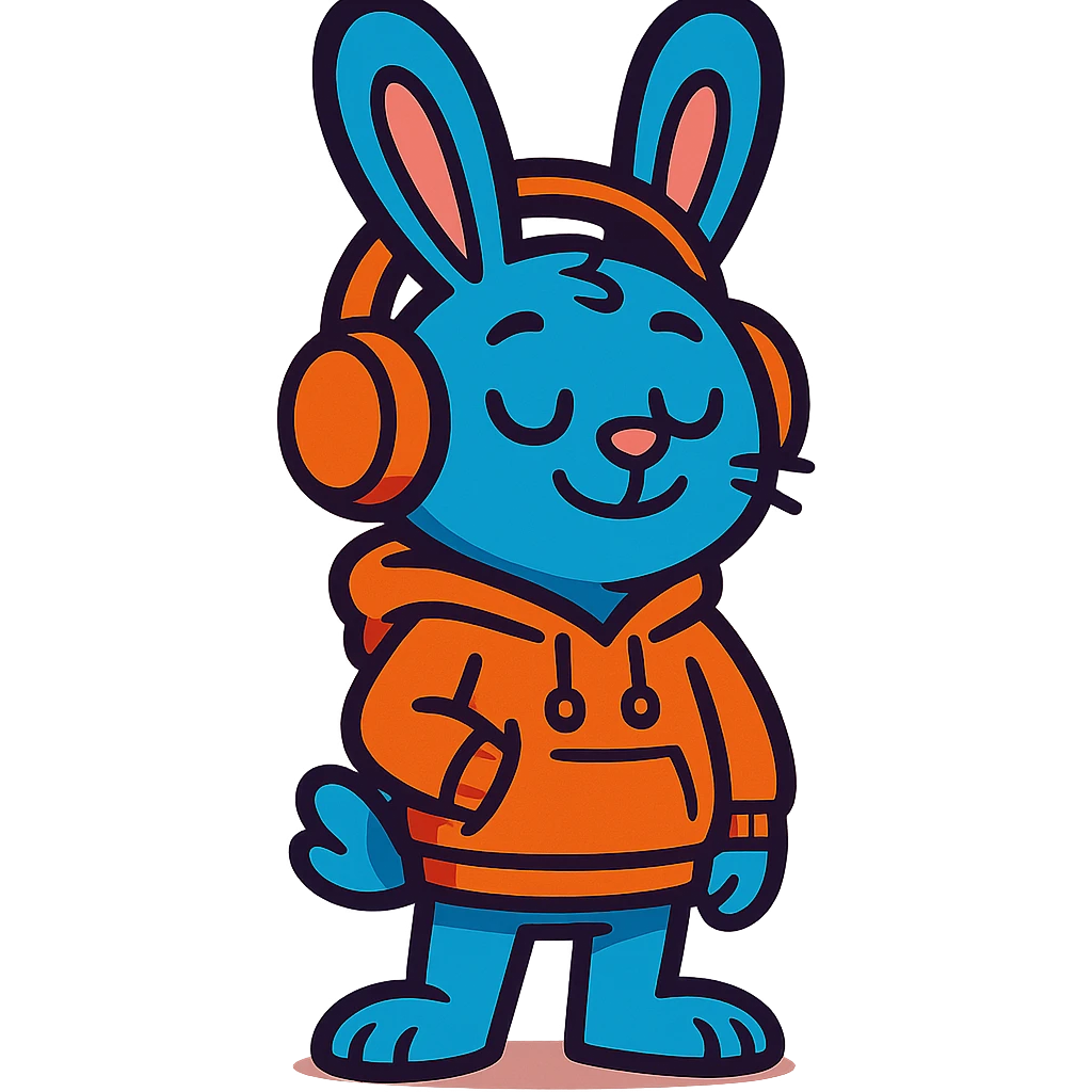 blue bunny in hoodie, one paw in pocket, headphones on, vibrant-toon style emoji
