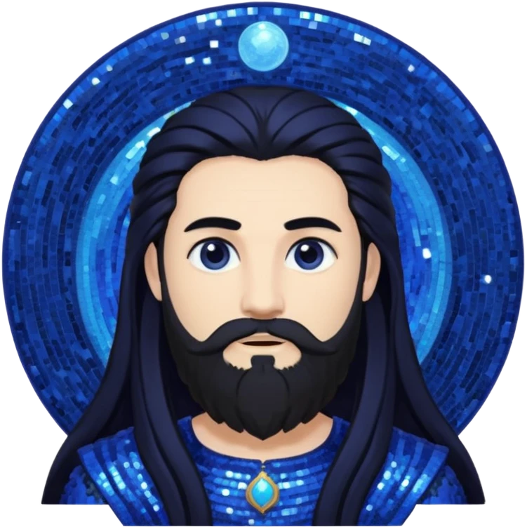 Saturn, God of Time from Gods and Goddesses with long black hair and beard, indigo sequin outfit emoji