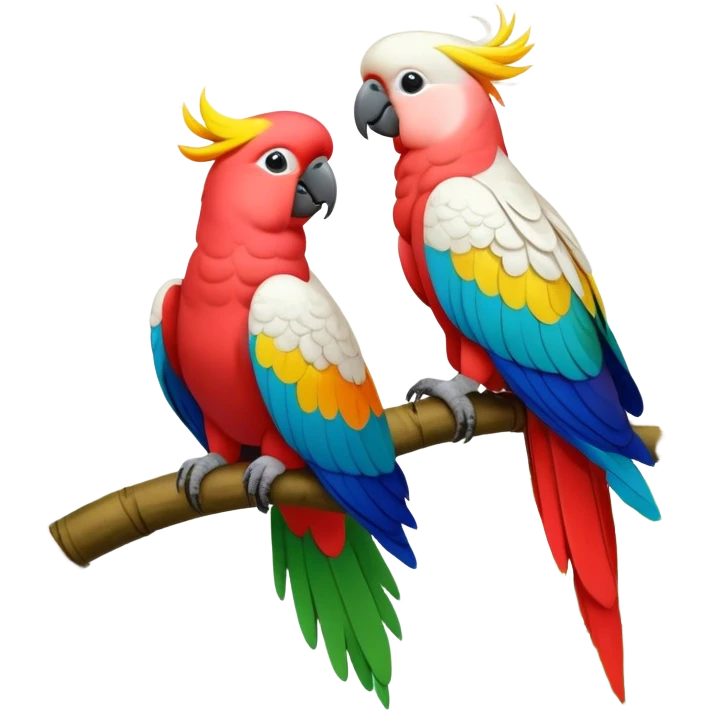 Close-up of colorful parrots Ara and Cockatoo Inca perched on tree branches, surrounded by lush greenery. Bright, vivid feathers contrast with the natural background of trees, leaves, fruits. Soft natural light, enhancing vibrant colors. Transparent background. emoji