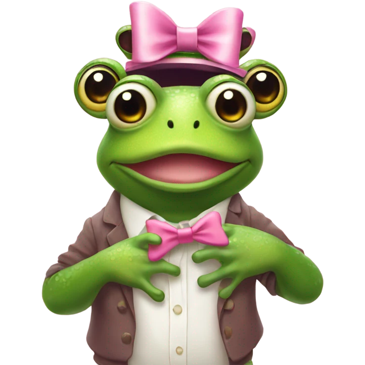 Frog wearing pink bow on head while holding teddybear in his hands emoji