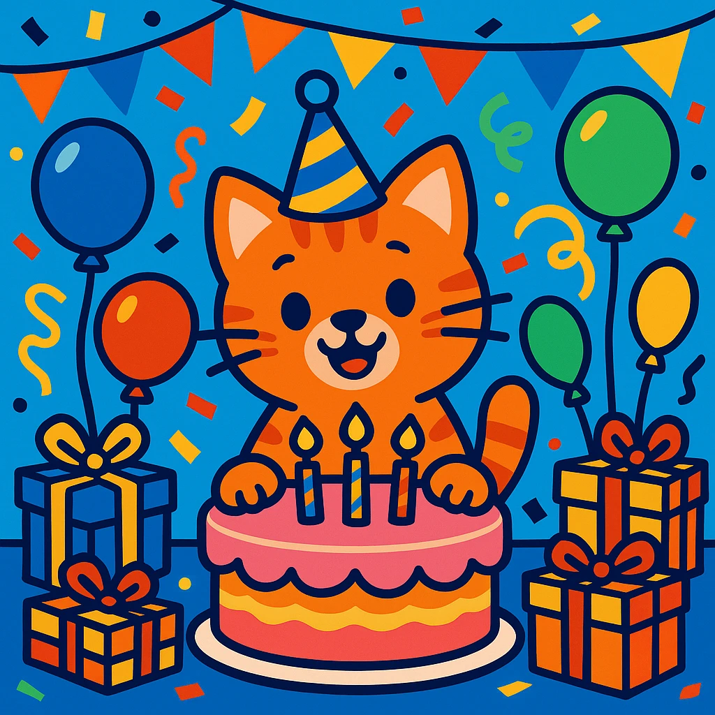 birthday party scene with colorful decorations, balloons, confetti, a large birthday cake, gifts, and a festive atmosphere, featuring a ginger tabby kitten wearing a birthday hat as the main character emoji