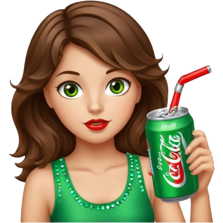 Girl with brown wavy hair green-brown eyes drinking a bedazzled Diet Coke  emoji