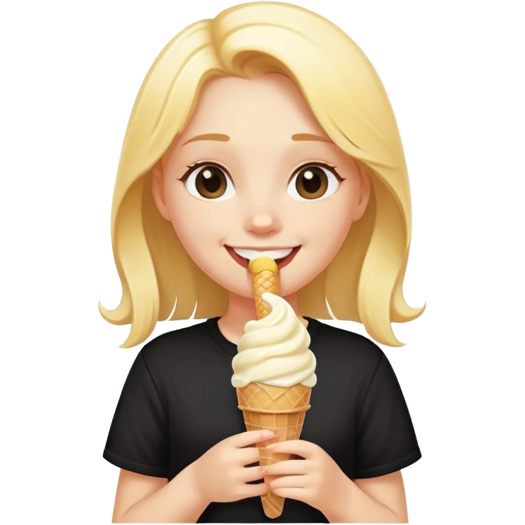 girl slurping one vanilla ice cream cone smiling with a black shirt on emoji
