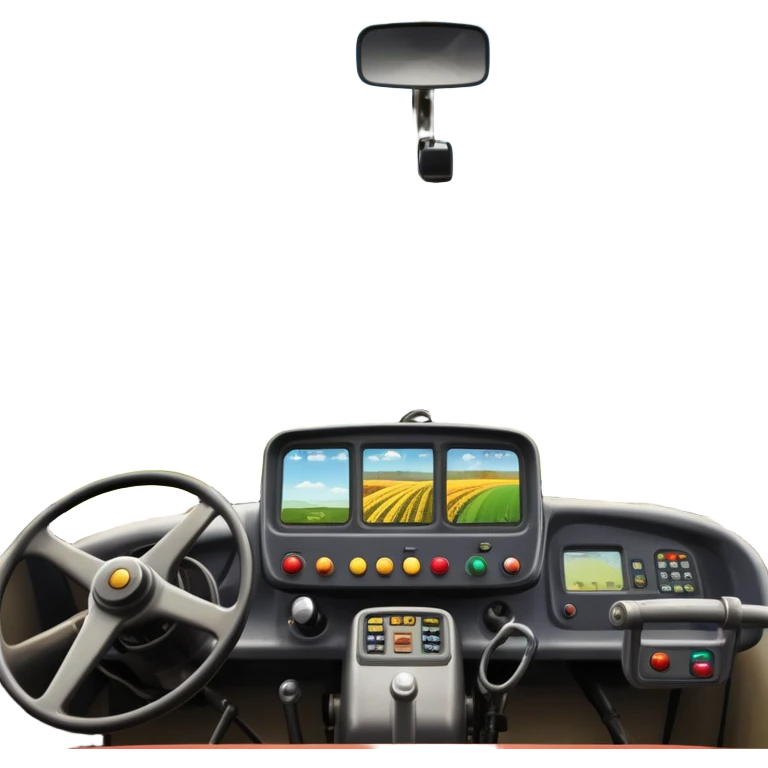 a view from the tractor cabin, with the dashboard in focus, overlooking a vibrant rural landscape. Inspired by Farming Simulator 22, the scene includes fields, crops, and distant barns under a bright sky. The design highlights the immersive experience of farm management. transparent background emoji