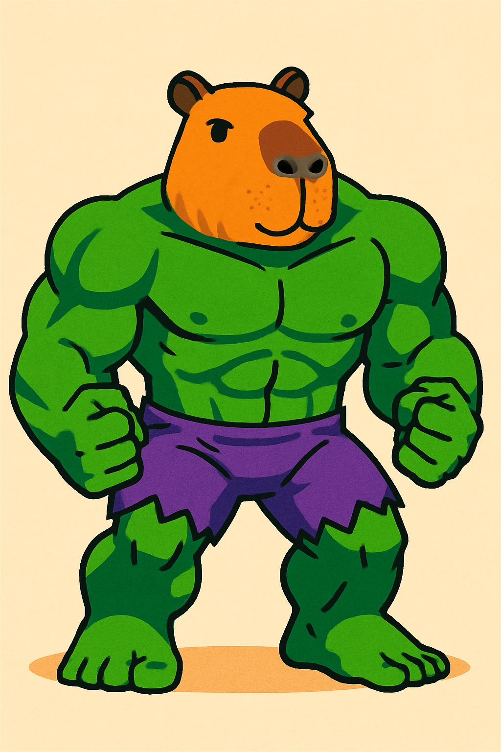 the Hulk, but his face is replaced with a capybara's, vibrant and playful illustration emoji