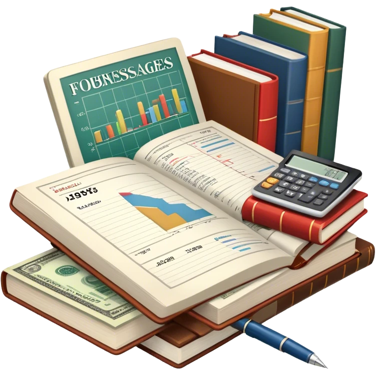 Icon for Business Reading: an open book with graphs, numbers, percentages, formulas, and text on the pages, next to a stack of books, a pile of dollars, a calculator, a pen, and business magazines like Forbes. Transparent background. emoji