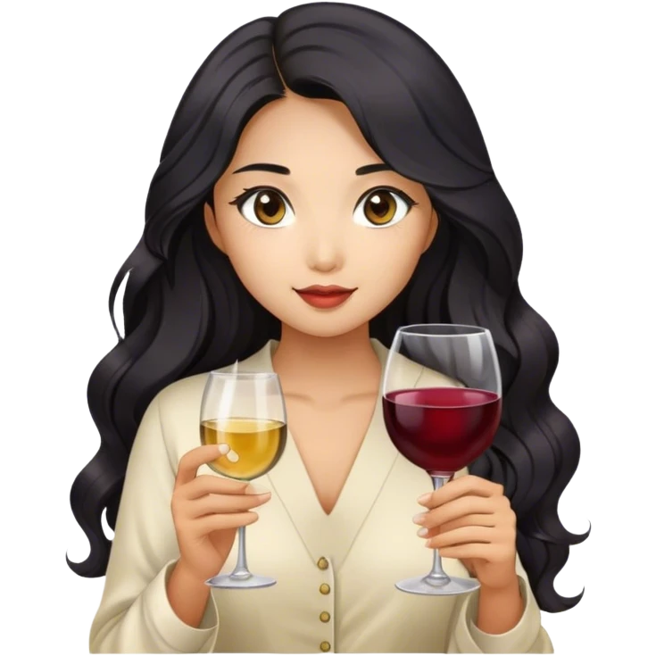 tan super asian girl with black long wavy hair holding glass of wine emoji