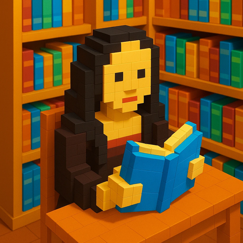 monalisa reading book in library, realistic background emoji