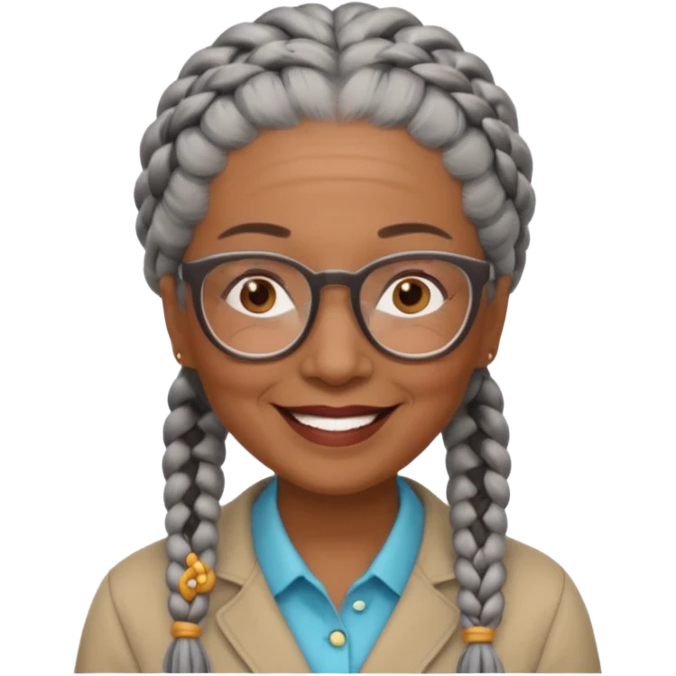 Older woman of color with gray braids, glasses and smiling emoji
