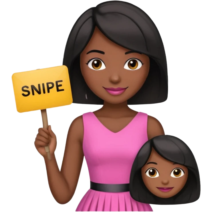 Dark skin woman with black bob in hair holding sign that says snipe  wearing pink dress  emoji