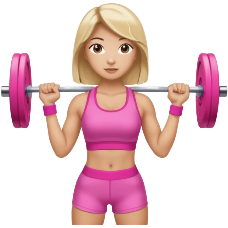 An Asian lady with gray eyes, balayage hair, blonde highlights, in a pink gym outfit, holding a pink barbell  emoji