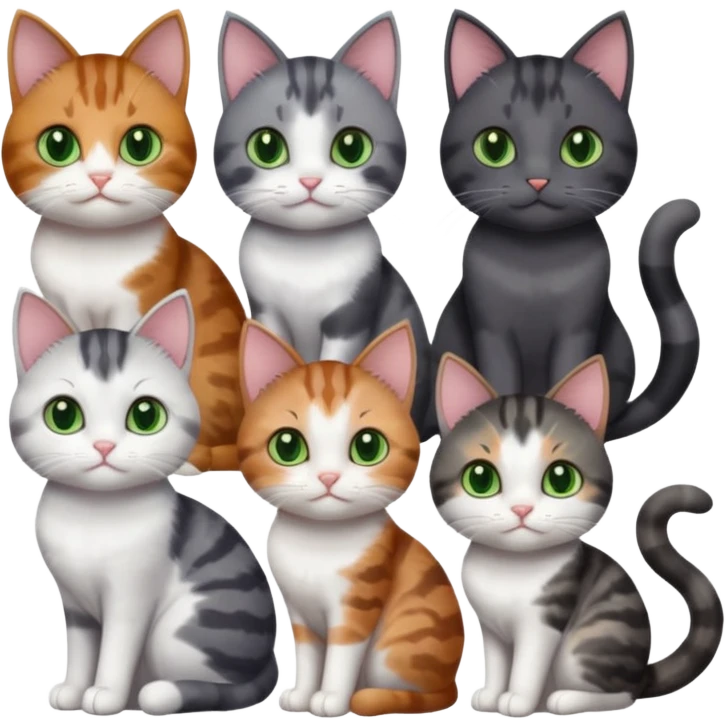 6 different coloured small cats including a dark grey and white, and a patchy calico, and a brown tabby and white,  and a completely solid dark grey with green eyes and only white paws emoji