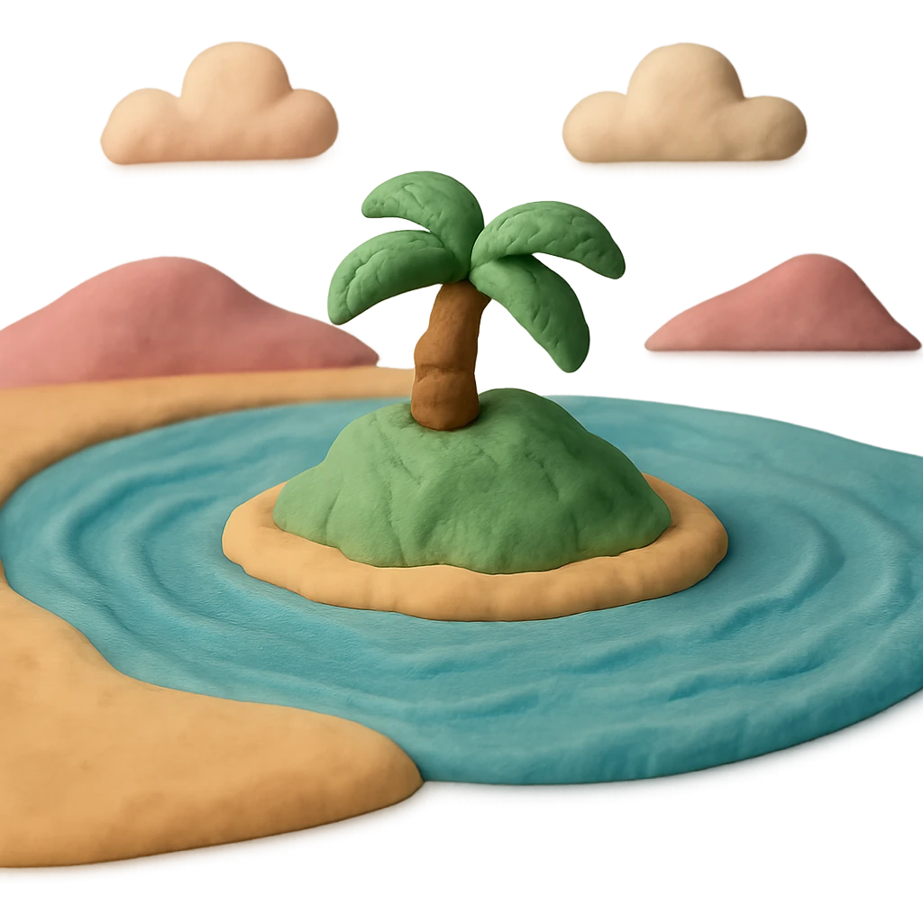 SimDay Bay and island, claymation style, pastel colors emoji