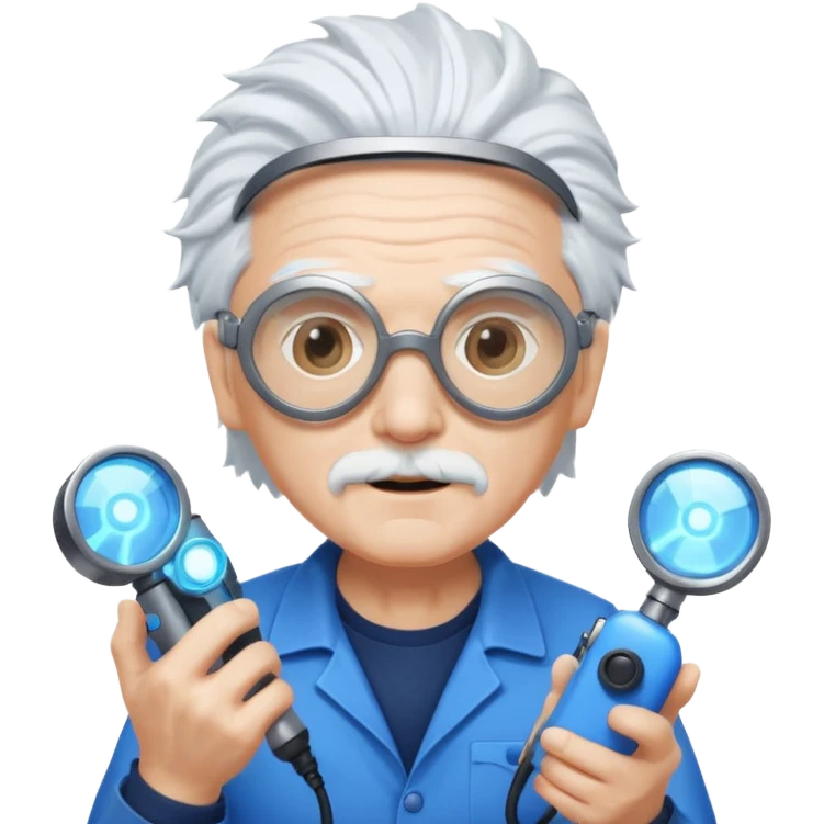 A quirky old inventor with wild white hair, goggles, and a glowing gadget in hand.
 emoji