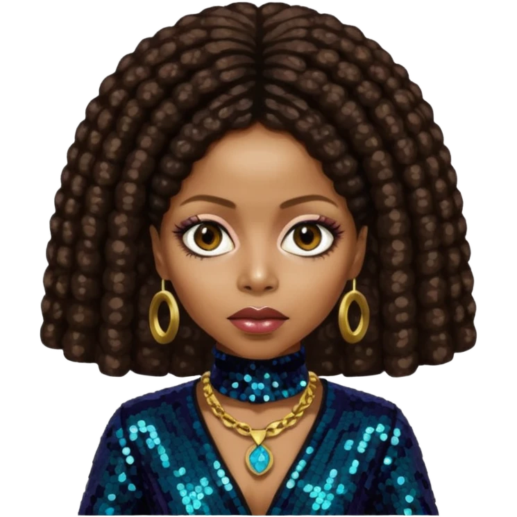Erykah Badu with dark brown hair, dark brown sequin outfit emoji