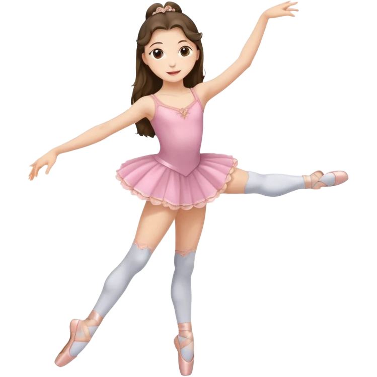 happy pretty white brunette teen long hair with hazel eyes in a ballet costume with one leg up emoji