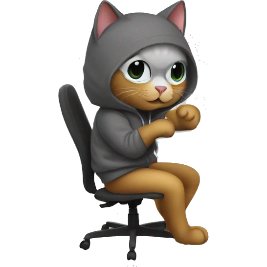 cat is a graphic designer in a hoodie and headphones, working at a computer in photoshop emoji