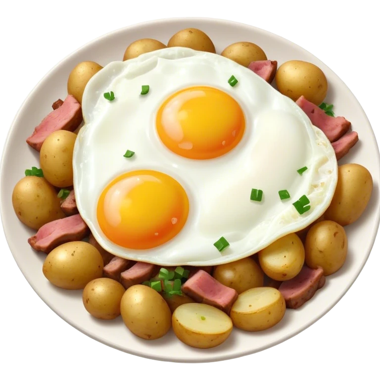 hash of potatoes, onions, and meat with fried egg emoji