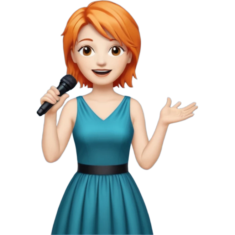singer, Middle age, orange hair, happy, holding mic, wearing dress emoji