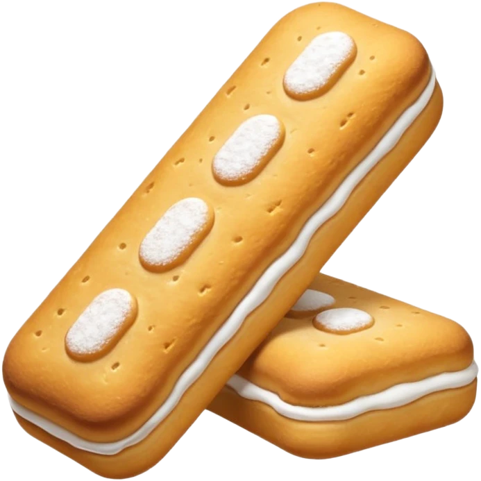 three ladyfinger biscuits, golden-brown, elongated with rounded edges, powdered sugar dusting, airy and crisp outside, spongy inside, lightly stacked or scattered, soft lighting, subtle shadows, no packaging, no plate, no faces, transparent background, emoji scale emoji