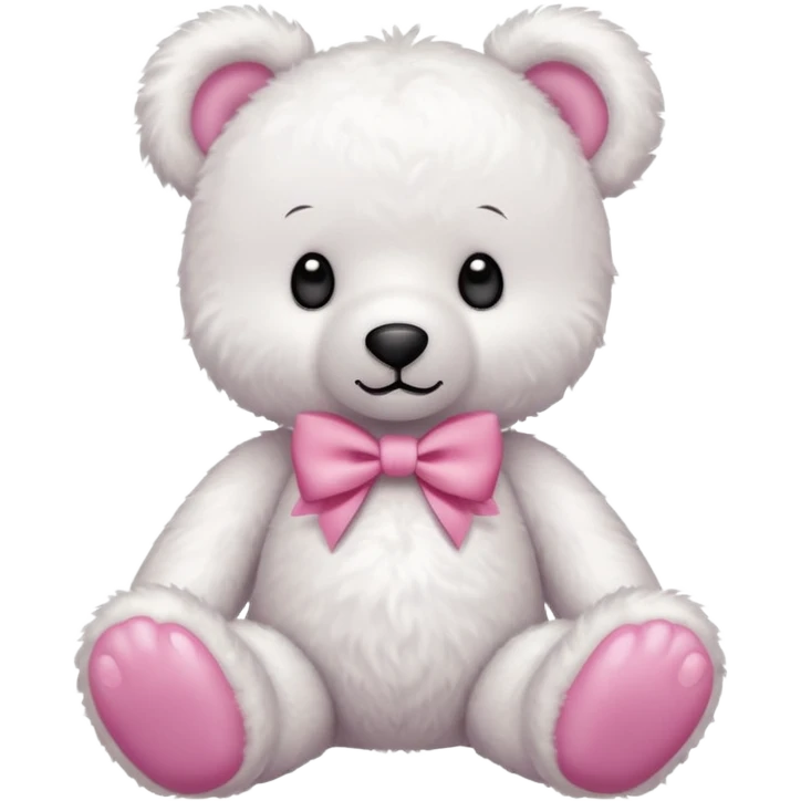Cute white teddy bear with pink feet and matching pink bow around neck emoji