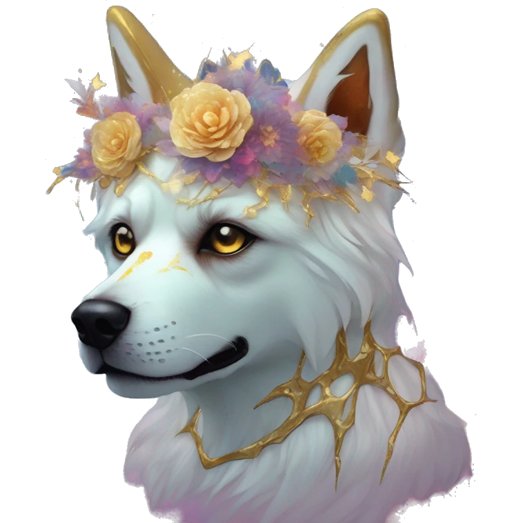 iridescent kintsugi fluffy zombie dog fox head zombie skull skeleton gold mechanical nebula galaxy stars colorful flowers fairy lights vintage emoji