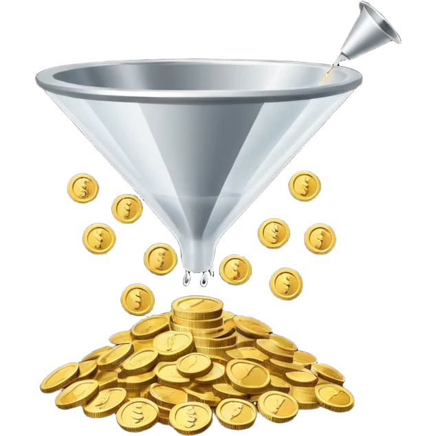 Minimalistic flat vector icon, iOS style, thin black contour on white background. Funnel with coins dropping through it. Clean, no text, no shadows.
 emoji