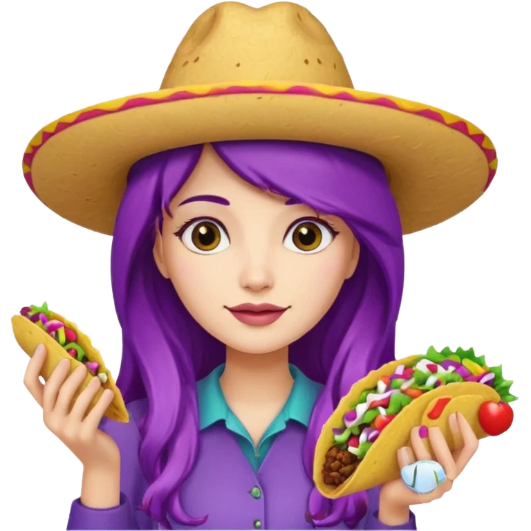 woman holding taco with purple long hair and hat on head emoji