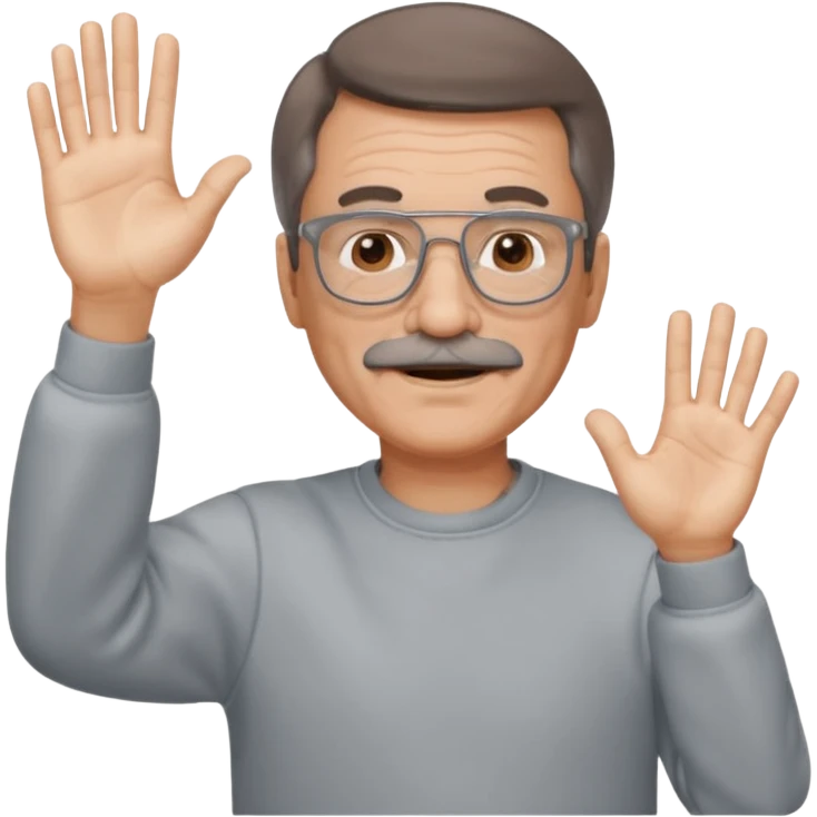60 yr man partial brown hair parted in center, gray mustache, light glasses, sweatshirt waving hello emoji