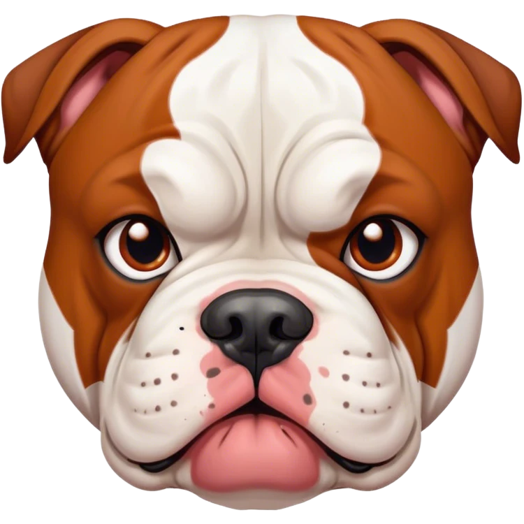 Cinematic Meme-Worthy Grumpy White and Brown American Bulldog Portrait Emoji, Head held high but eyes filled with dramatic disappointment, short white fur with striking brown patches, deeply furrowed brow creating an unmistakable scowl, floppy ears slightly angled back in disapproval, piercing brown eyes glaring with pure exasperation, Simplified yet hilariously over-exaggerated features, highly detailed, glowing with an aura of supreme annoyance, high shine, exhausted yet judgmental, stylized with an almost regal pettiness, bright but brooding, soft glowing outline, capturing the essence of a pup that has seen it all and is thoroughly unimpressed, so meme-worthy it feels like it could instantly become the next viral sensation of grumpiness! emoji