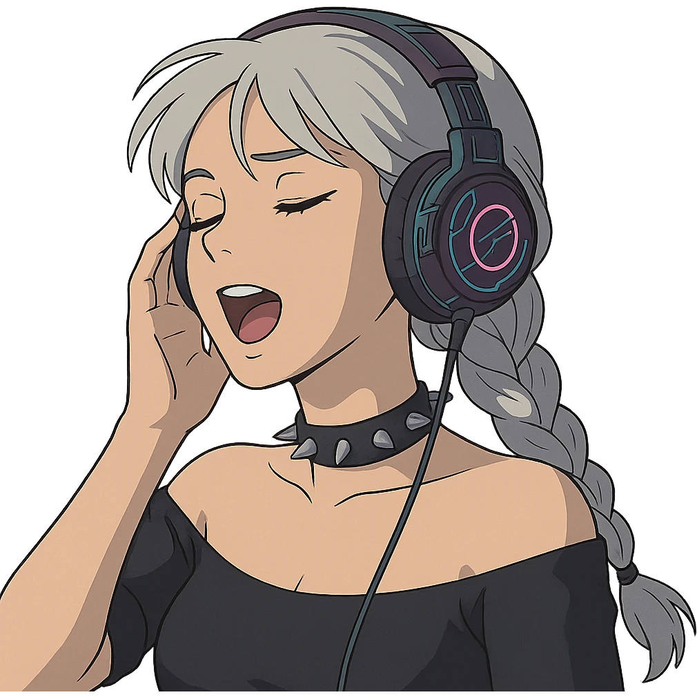 she is listening to music in headphones and JAMMIN!, a closeup portrait of young woman with gold yellow eyes, white hair, long braid, black off-shoulder top d-cup, punk gothic style, futuristic cyberwave cyberpunk,  eyes closed, singing, one hand on the headset emoji