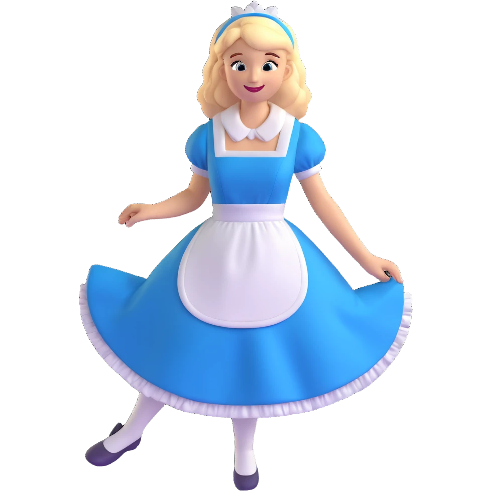 Disney's Alice in Wonderland with a big smile while curtseying in her blue dress with white apron emoji