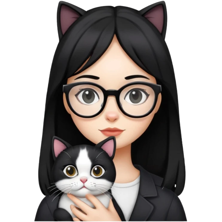Girl with black hair wearing glasses holding a black and white cat emoji