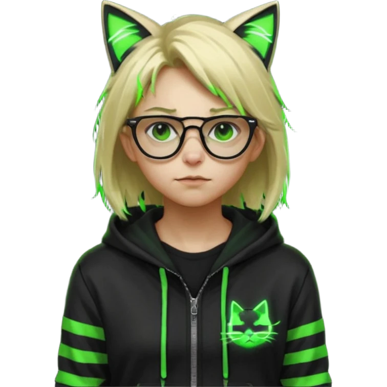 Light blond, slightly messy hair
Black glasses
A black hoodie with cat ears
Neon green details on the jacket and pants (glowing lines and stripes)
An overall hacker / cyberpunk style look
A neutral facial expression emoji